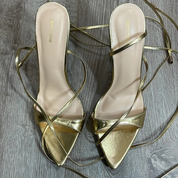NWOT PrettyLittleThing Gold Point Toe Lace Up High Heeled Sandals US 7 (UK 4) - Picture 7 of 13